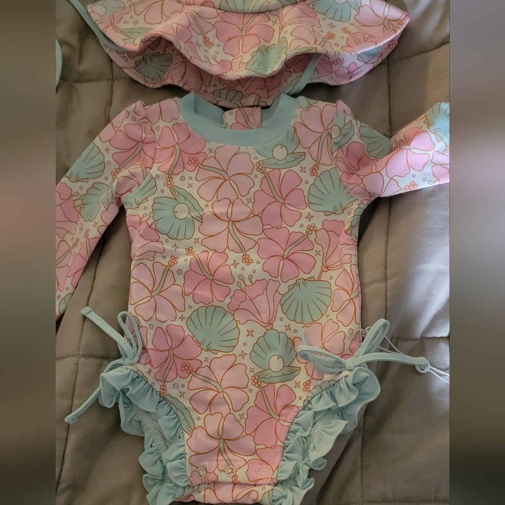 Caden Lane onepiece baby swimsuit and hat